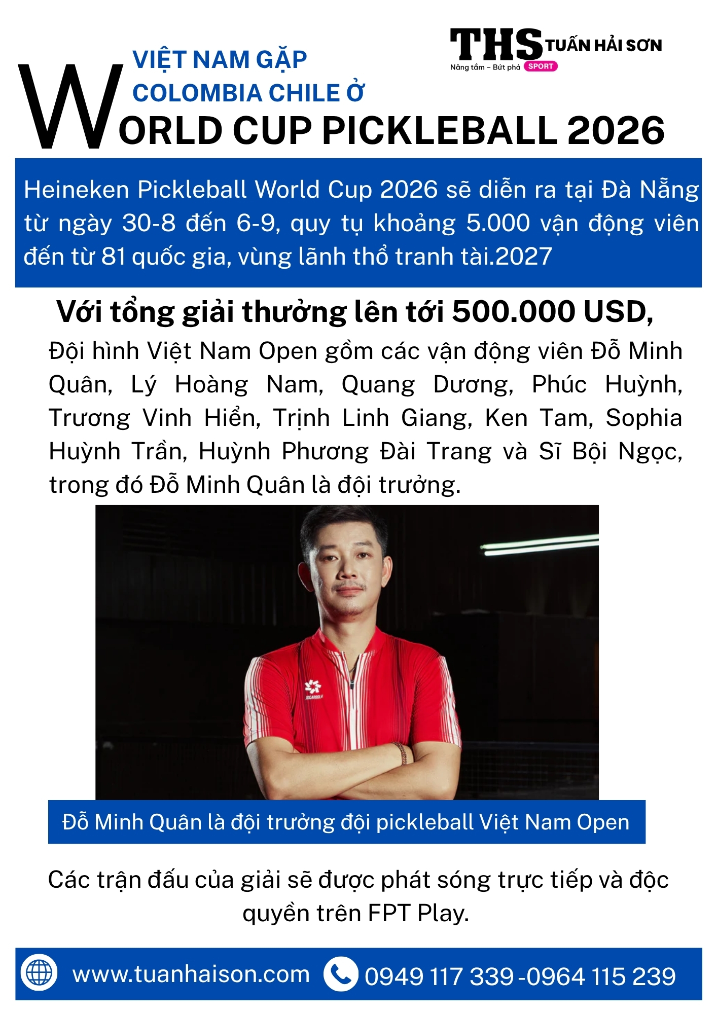 Việt Nam gặp Colombia, Chile ở World Cup pickleball 2026